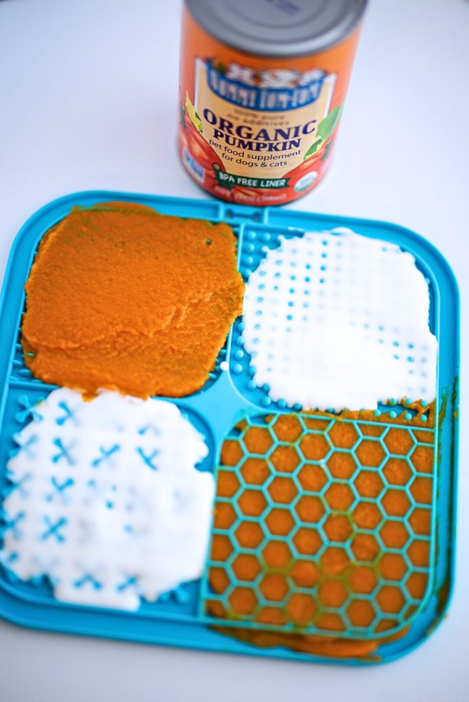 lickmat for dogs with pumpkin puree and yogurt