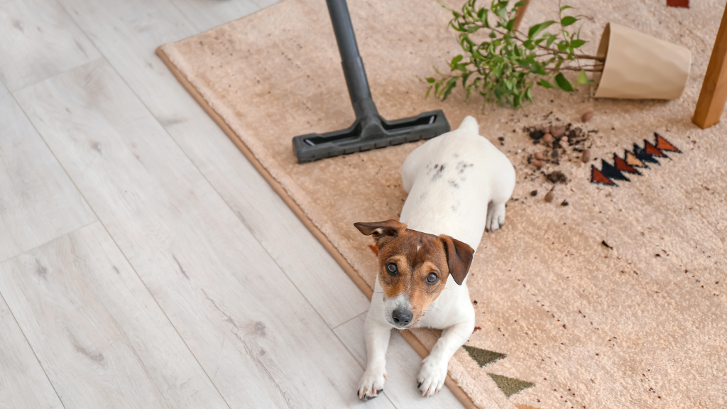 spring cleaning with a dog and a vacuum nearby